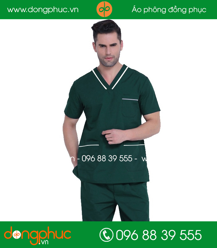 đồng phục phòng mổ màu xanh rêu viền trắng
